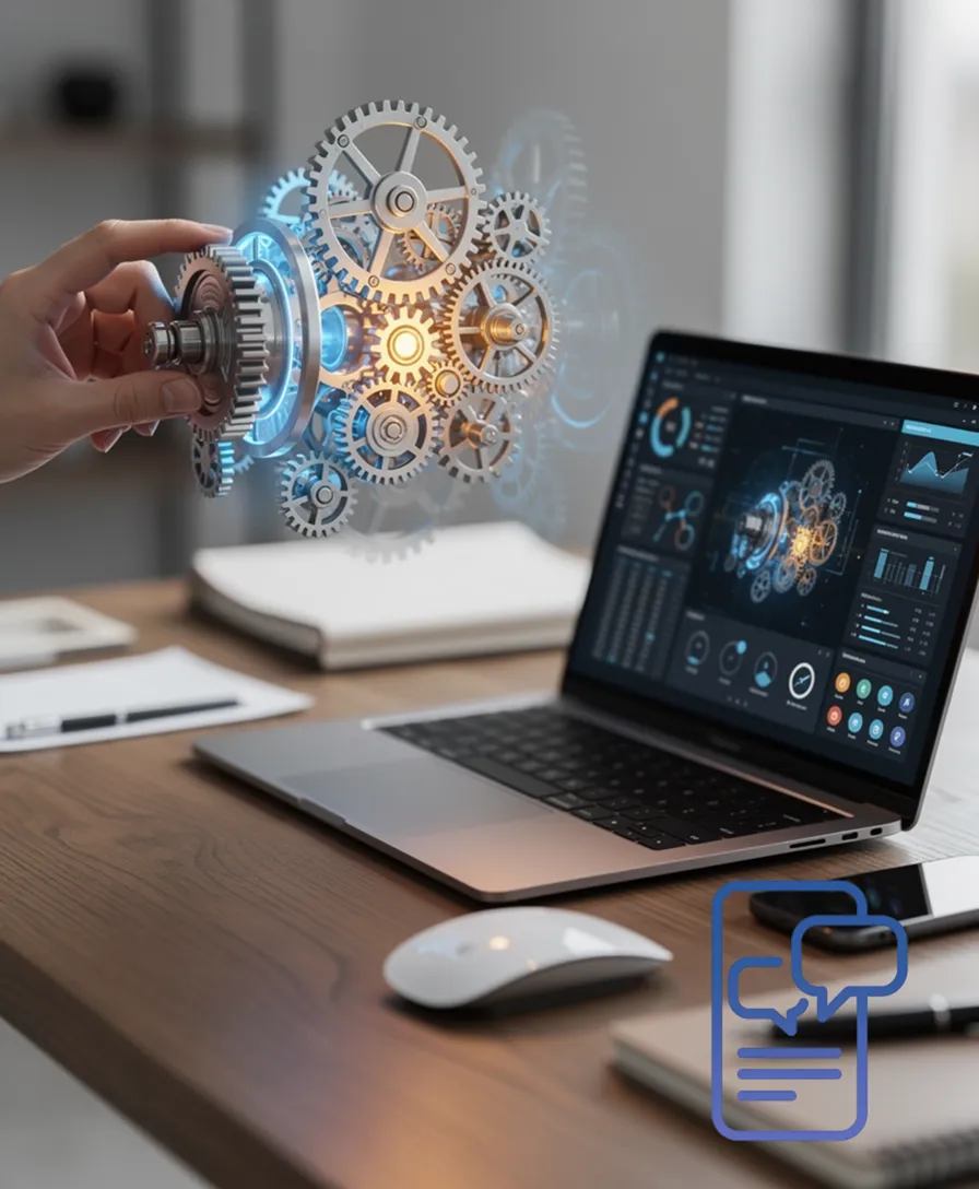a hand turning a manual dial into a glowing, automated gear system.
