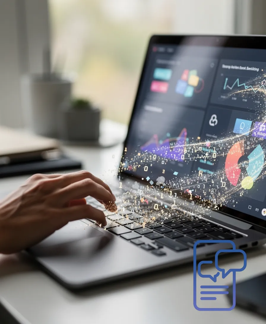 a close-up of a hand typing on a keyboard that transforms into flowing binary code.