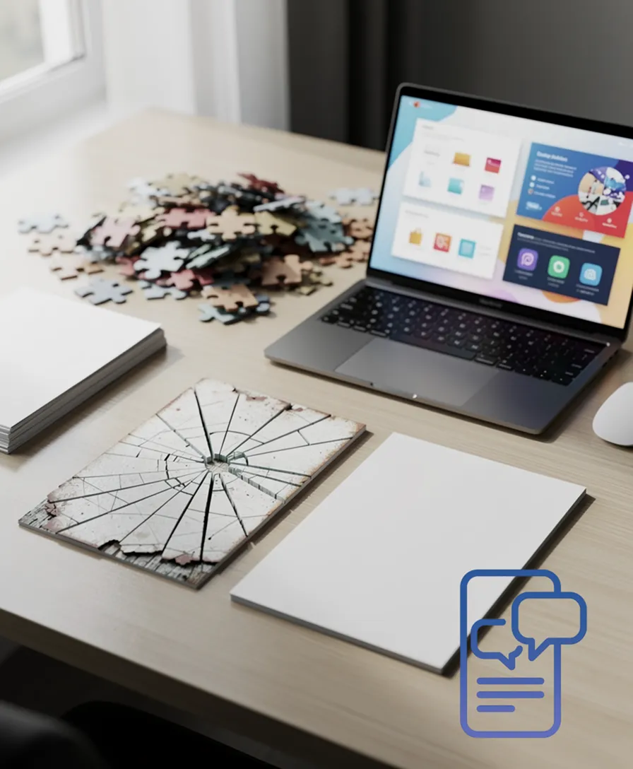a cracked document next to a pristine one, over a backdrop of scattered puzzle pieces.
