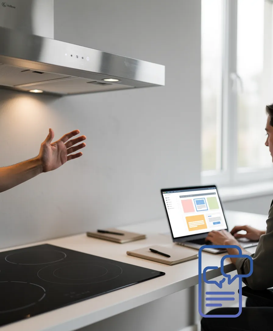 A hand using gestures to control a sleek kitchen hood above a stove.