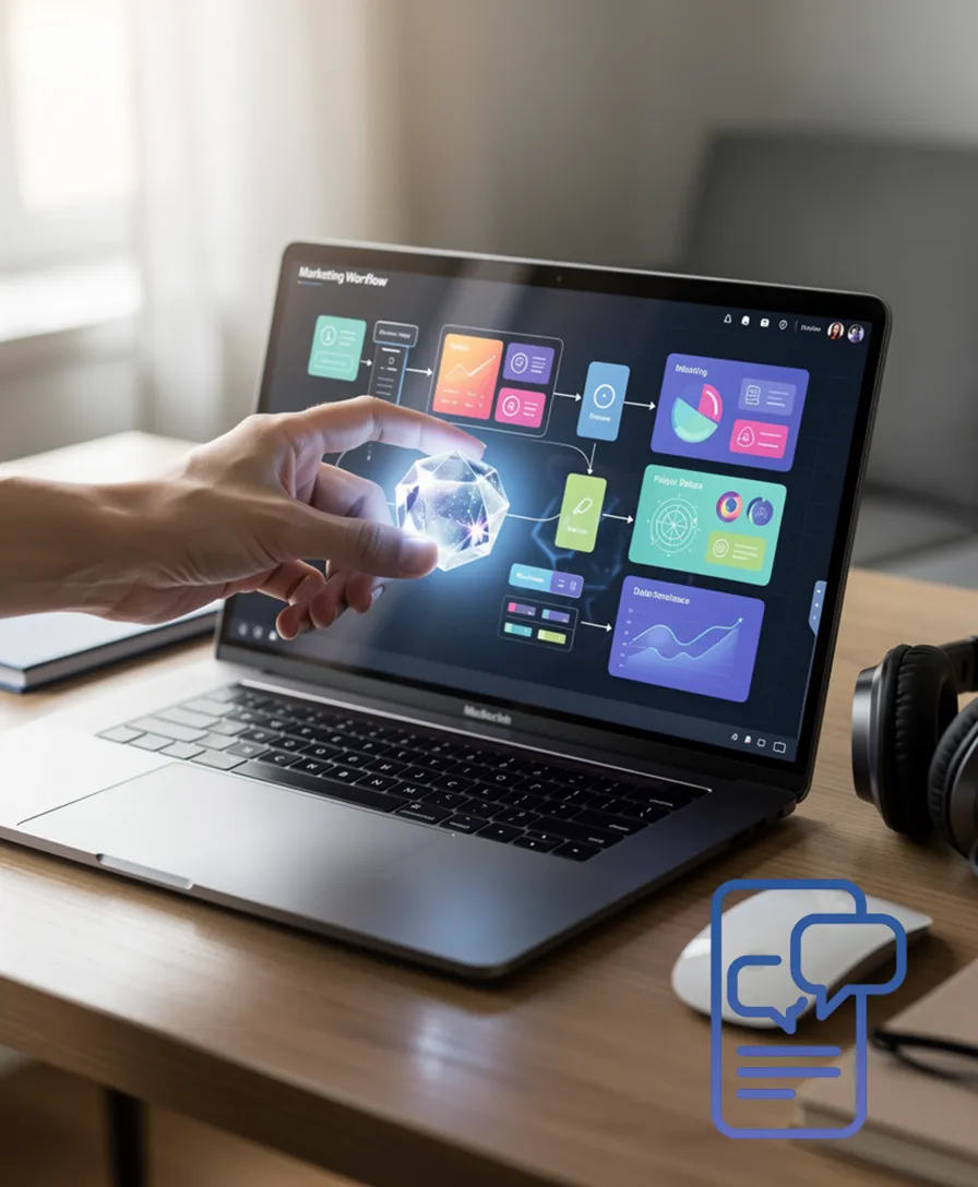 a hand placing a glowing data crystal into a streamlined marketing workflow diagram.