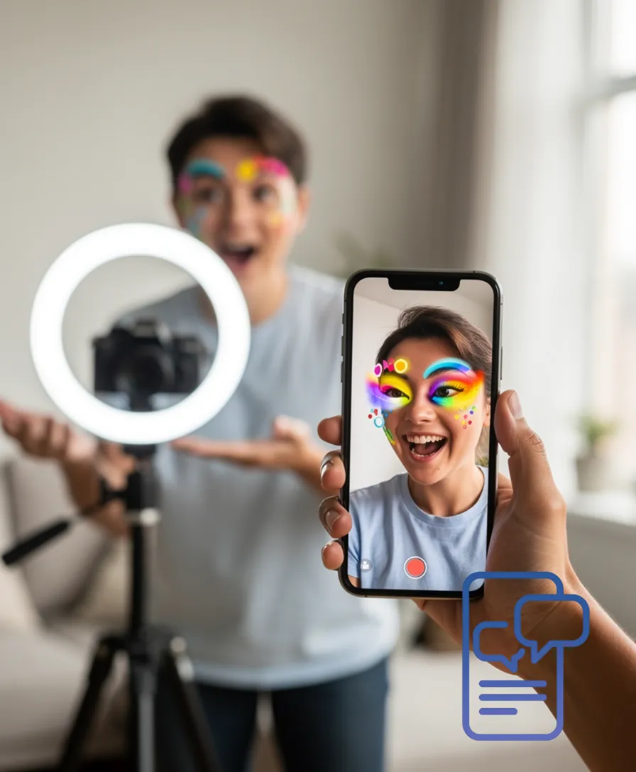 a hand holding a phone displaying colorful, animated filters over a person's face.