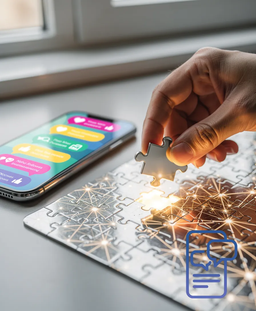 a hand placing a shining puzzle piece onto a glowing, interconnected network.