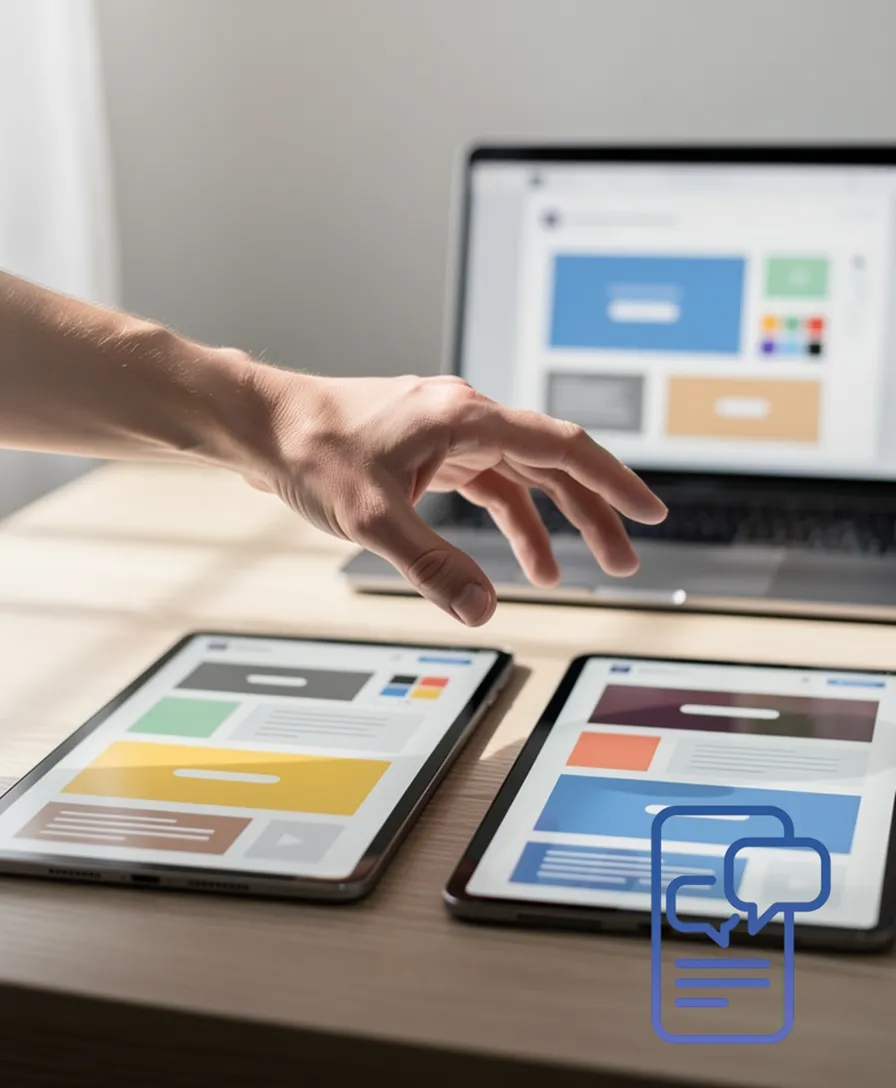A hand hovering between two distinct website homepage layouts on a desk.