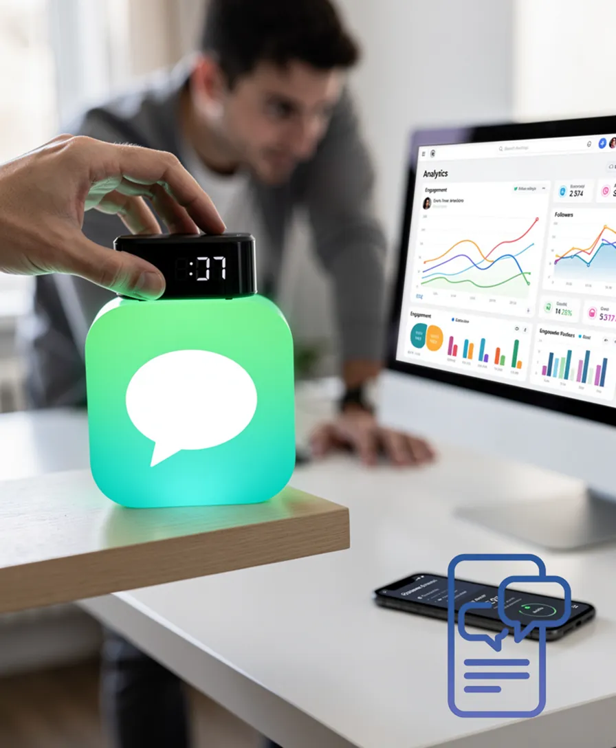 A hand setting a digital clock above a glowing messaging app icon.