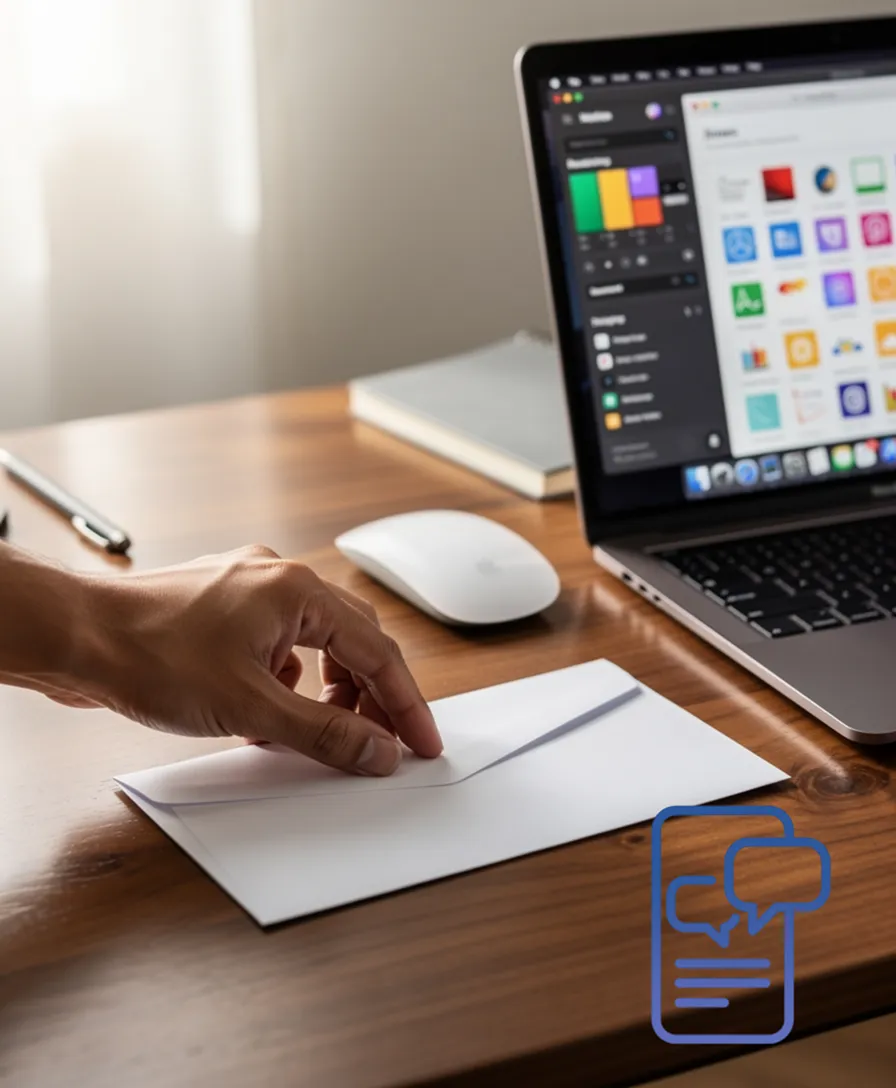 a hand gracefully sealing an envelope on a polished wooden desk.