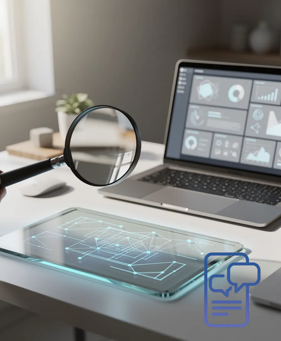 A magnifying glass hovering over a glowing, minimalist blueprint of interconnected nodes.