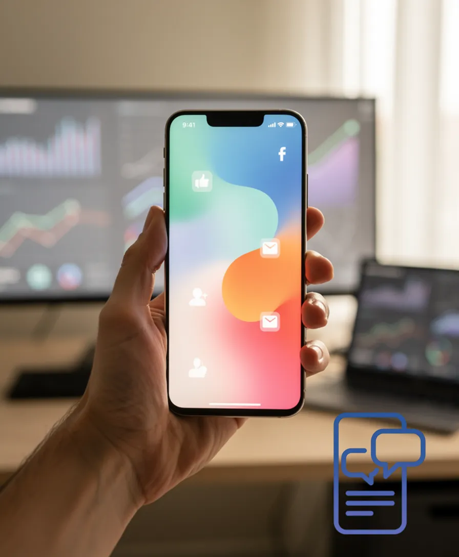 a hand holding a smartphone over a glowing social media app.