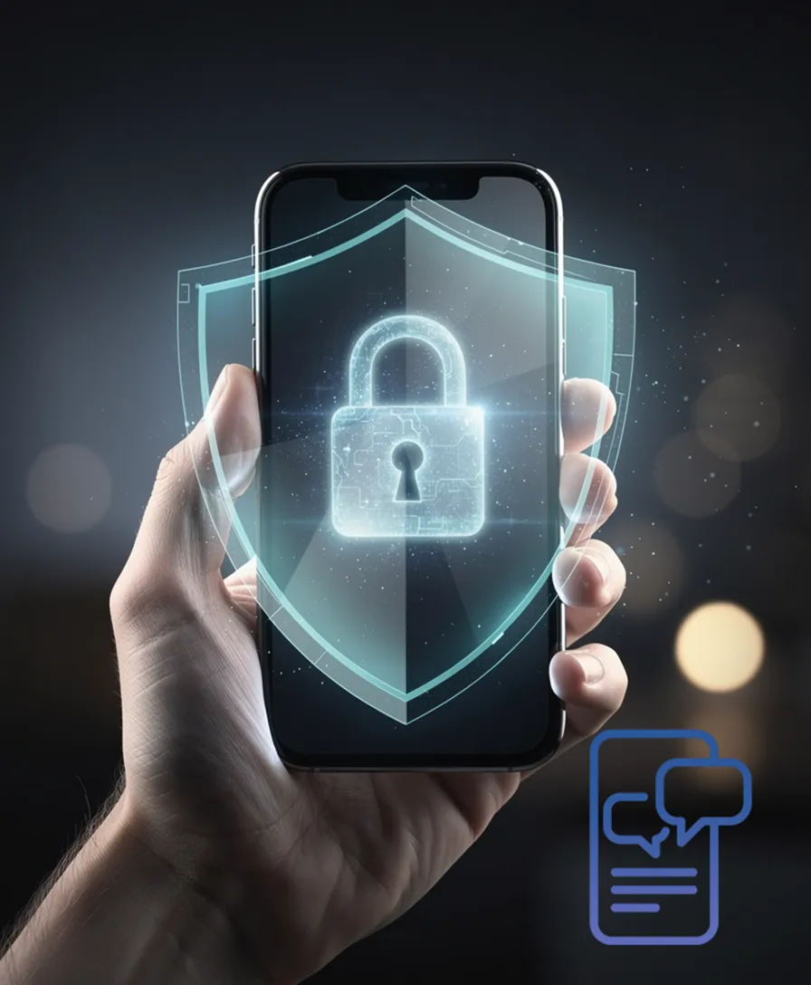 a hand holding a smartphone, a glowing shield forming over its .