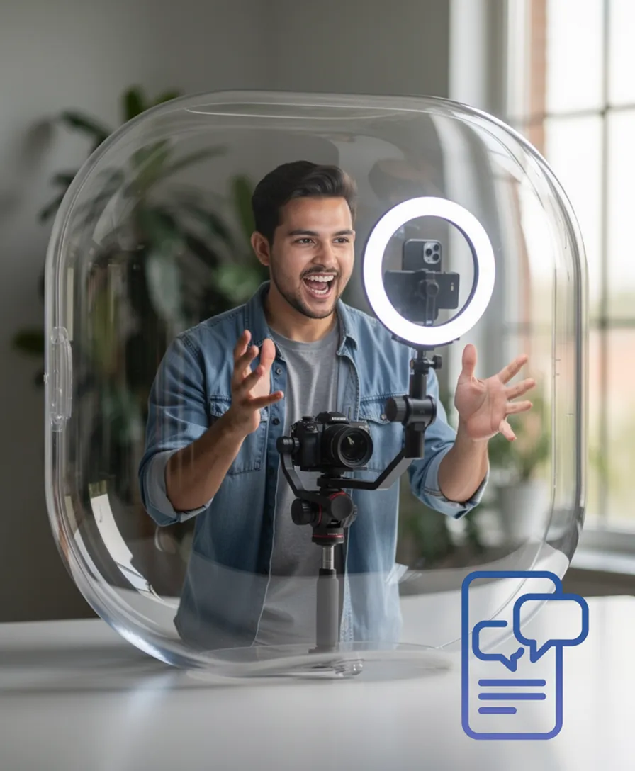 a person trapped inside a large, hollow like button.