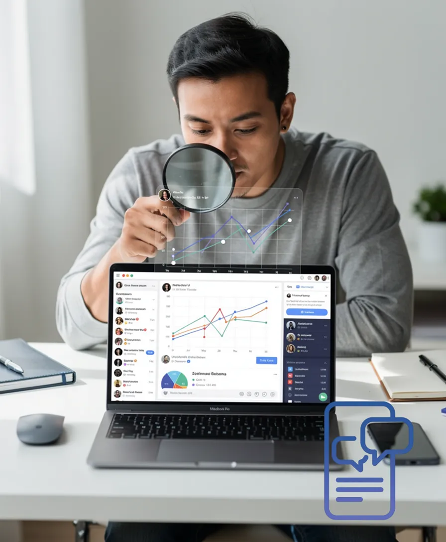 a person using a magnifying glass to examine charts overlaid on a generic social media feed.