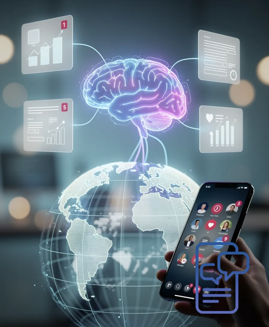 a glowing brain connected to floating documents over a digital globe.