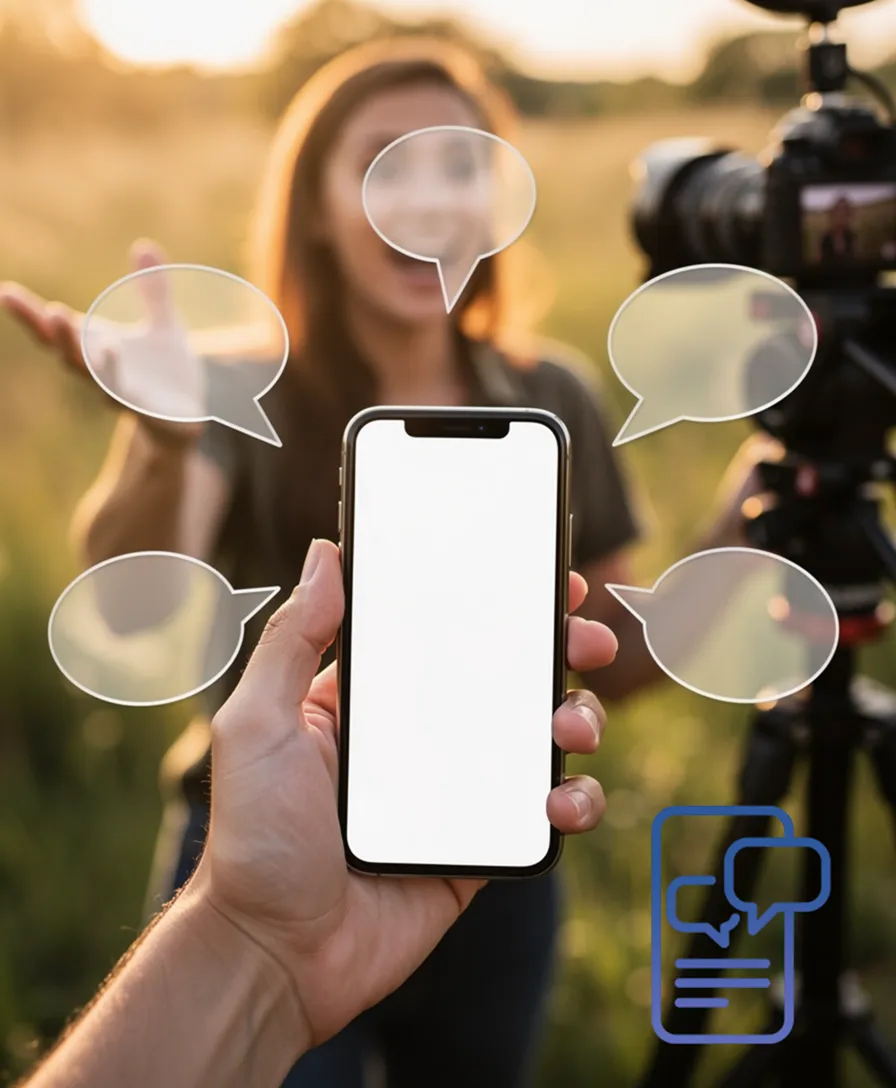seven speech bubbles radiating from a phone held in a hand.