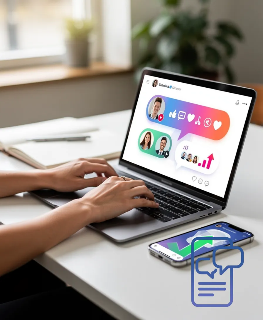 A person's hands typing on a laptop next to an open notebook.