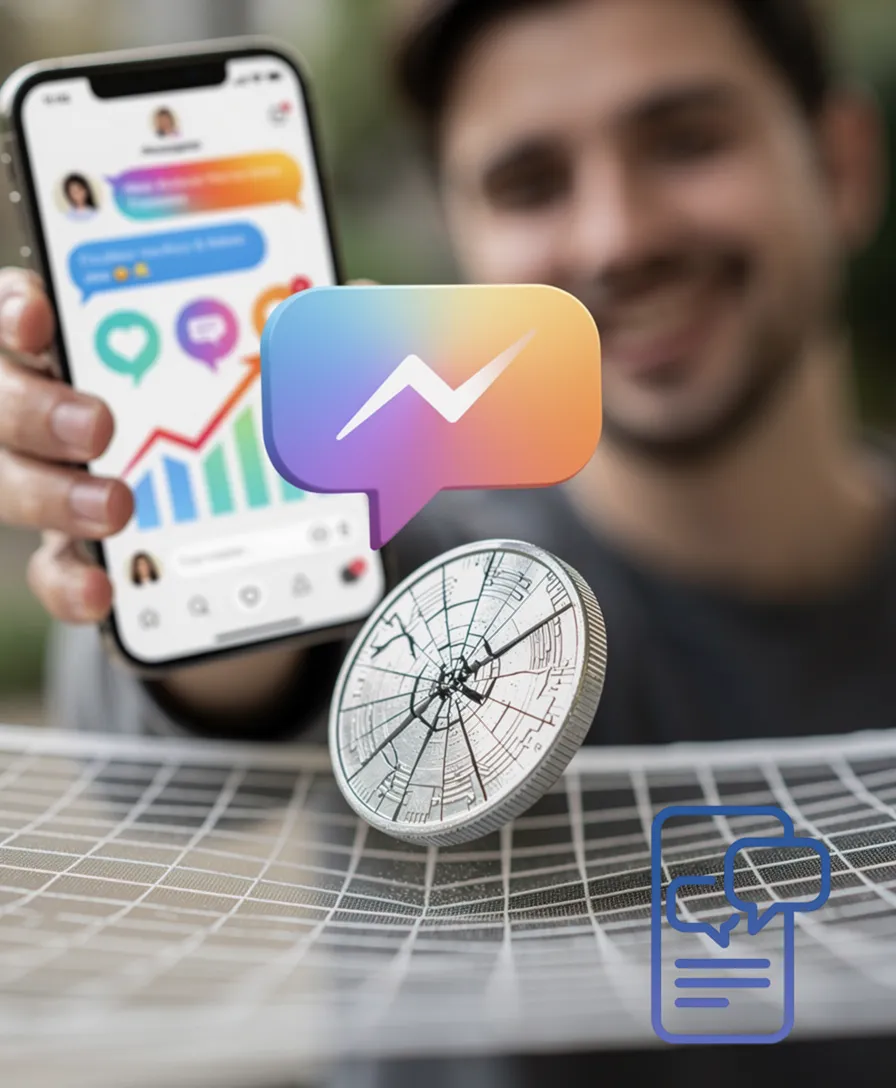 a cracked coin falling from a messaging app icon towards a safety net.