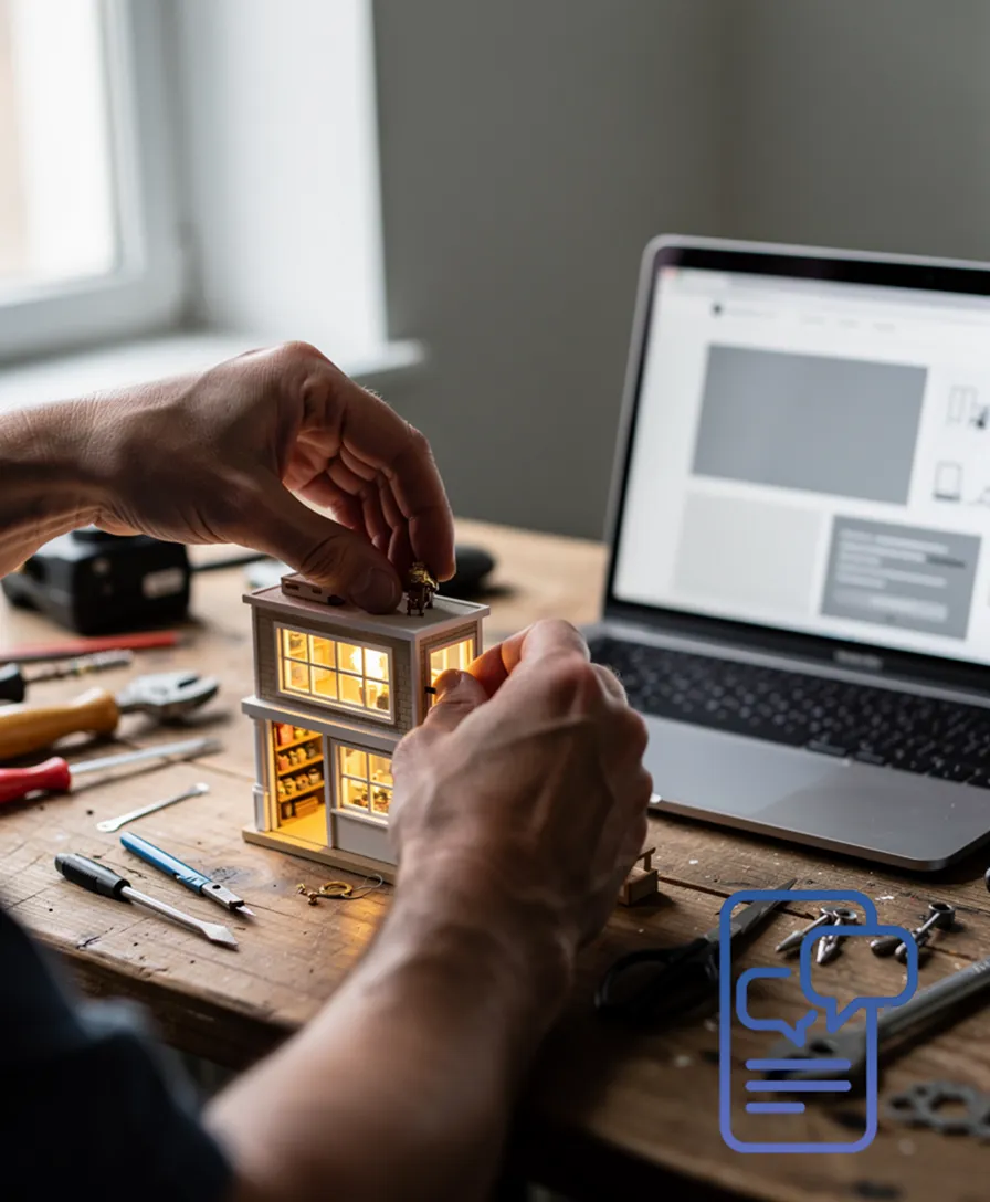 A person's hands building a miniature glowing shop on a workbench.