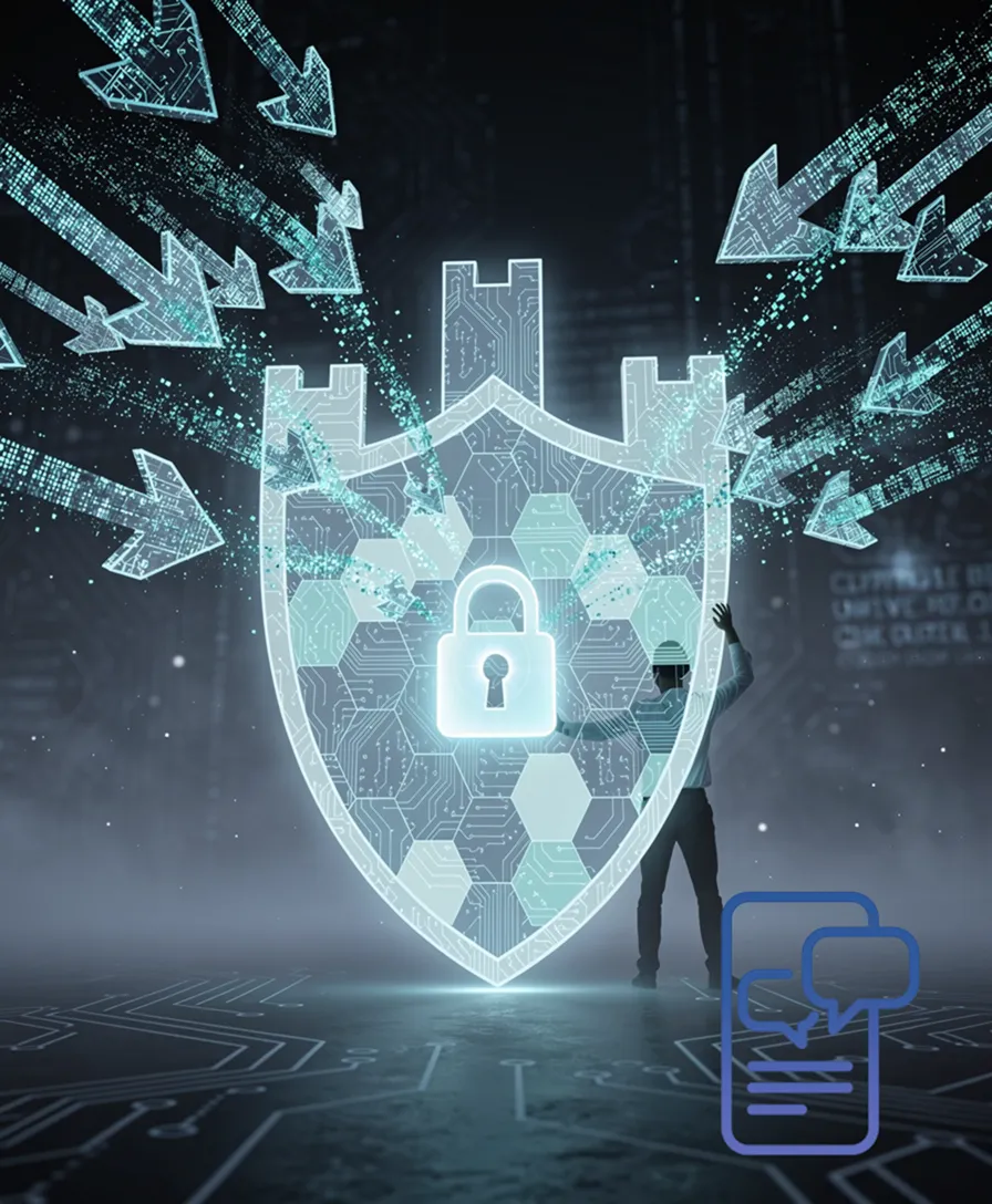 a digital castle shield deflecting a swarm of glowing arrows.