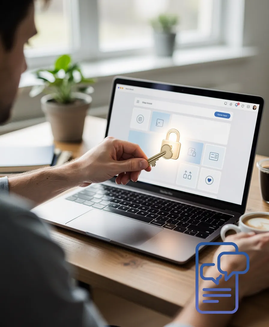a hand placing a glowing key into a website-shaped lock.