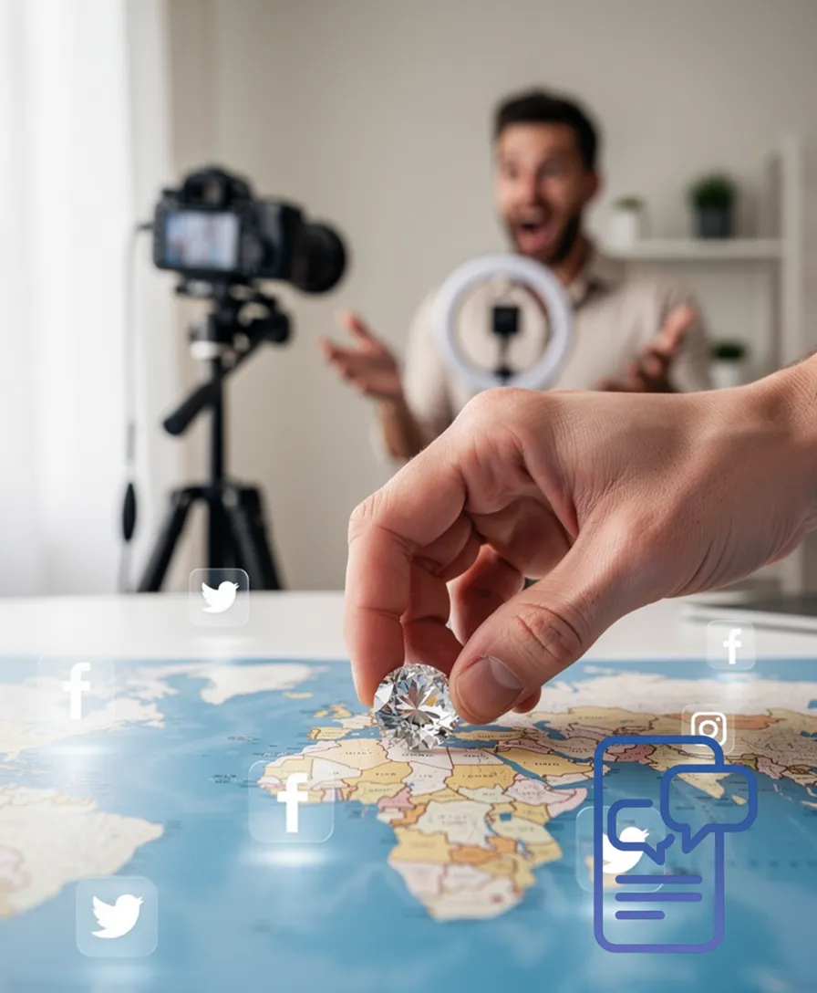 a hand placing a gemstone onto a map overlaid on social media icons.