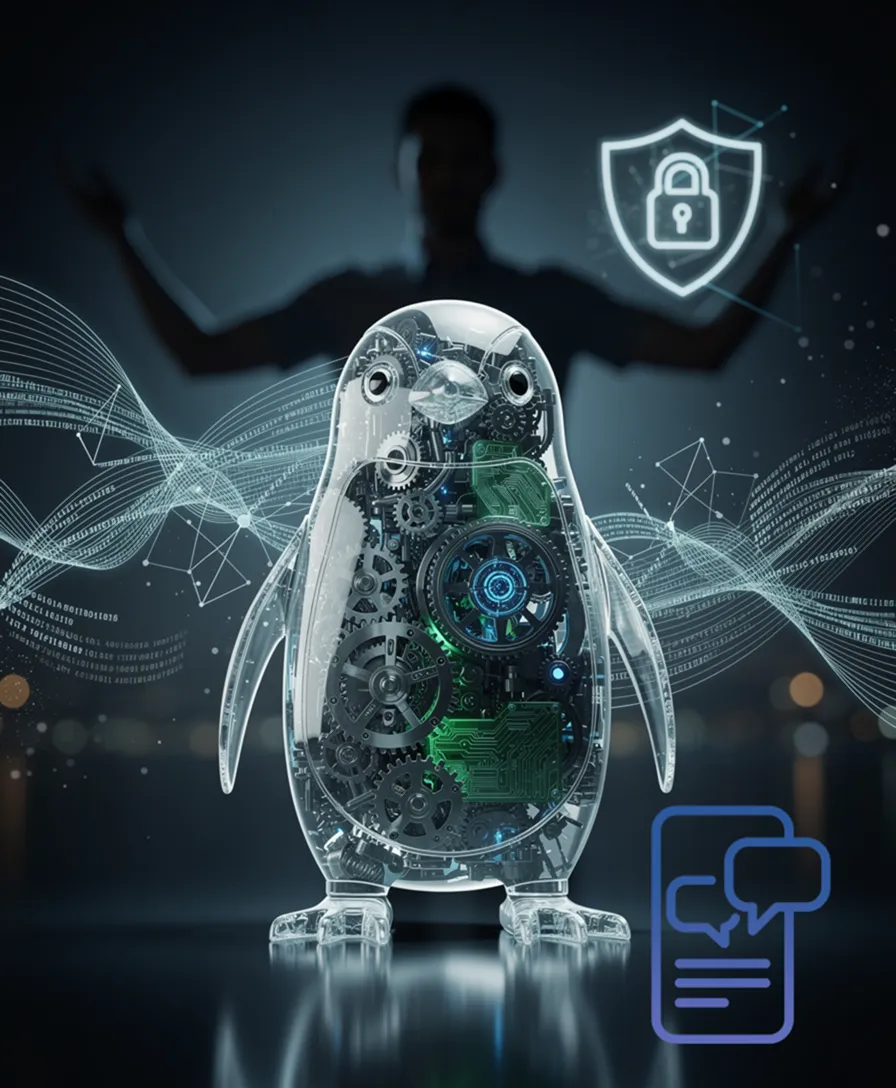 A transparent mechanical penguin overlaid on swirling digital code.