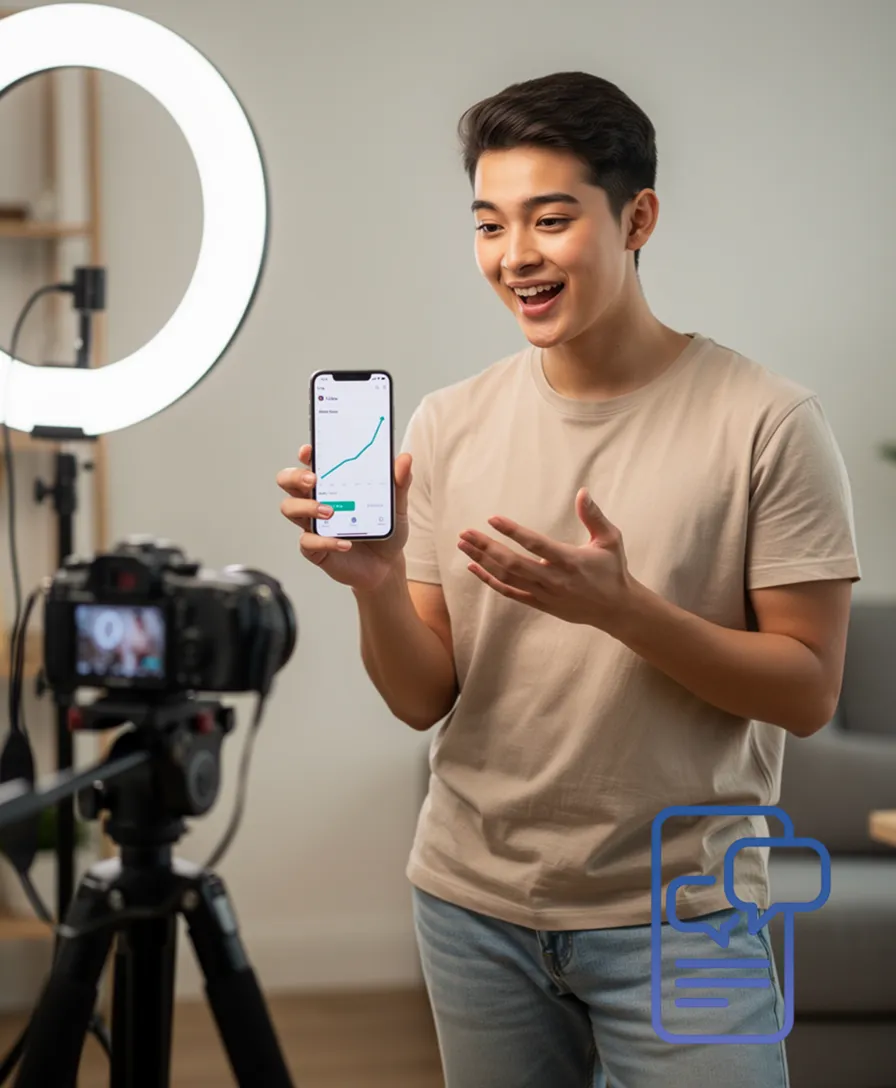 A person holding a phone displaying a trending social media app graph.