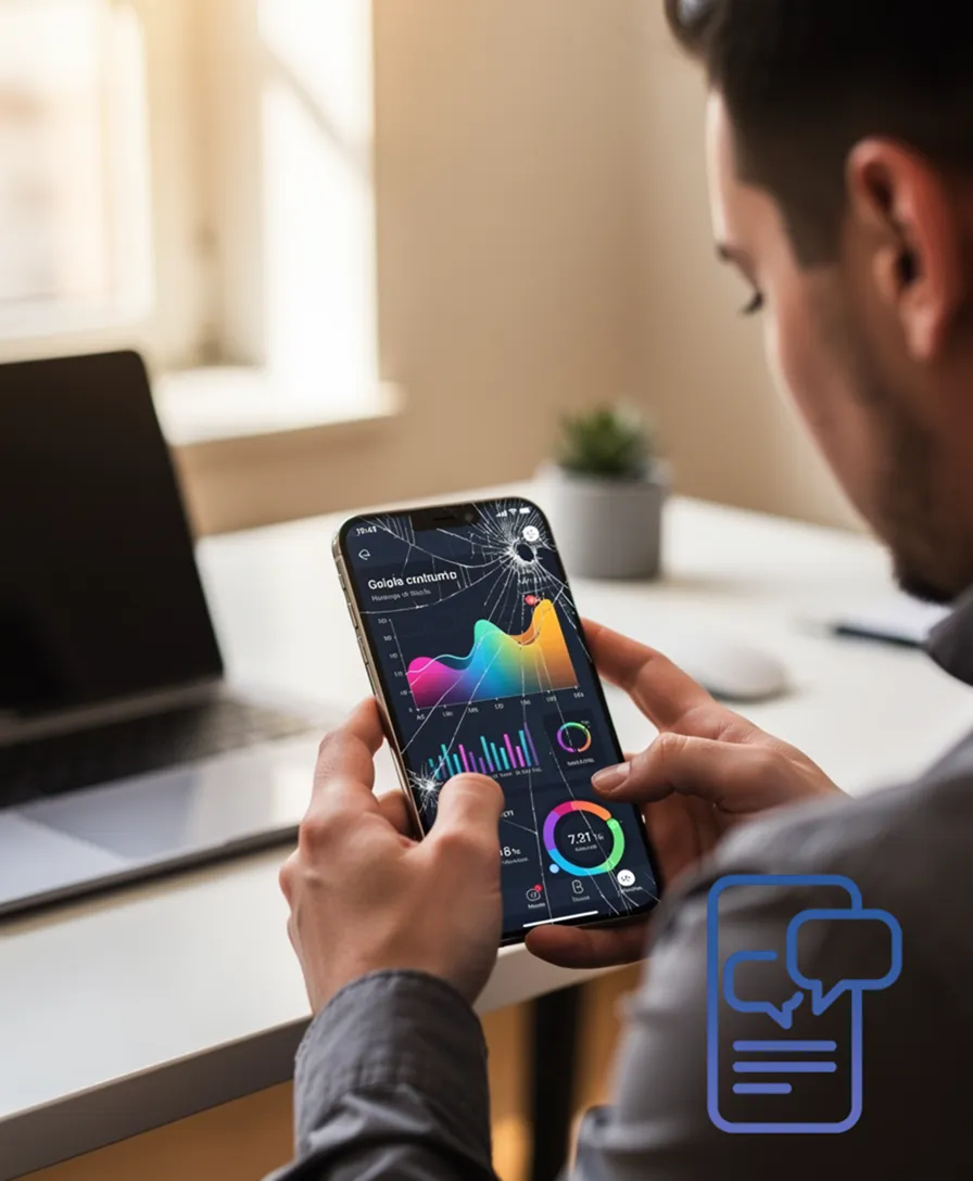 a person fixing a cracked phone displaying a social media app.