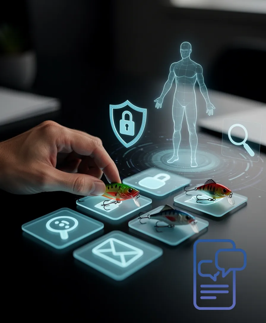 a hand placing fishing lures onto icons for various digital marketing channels.