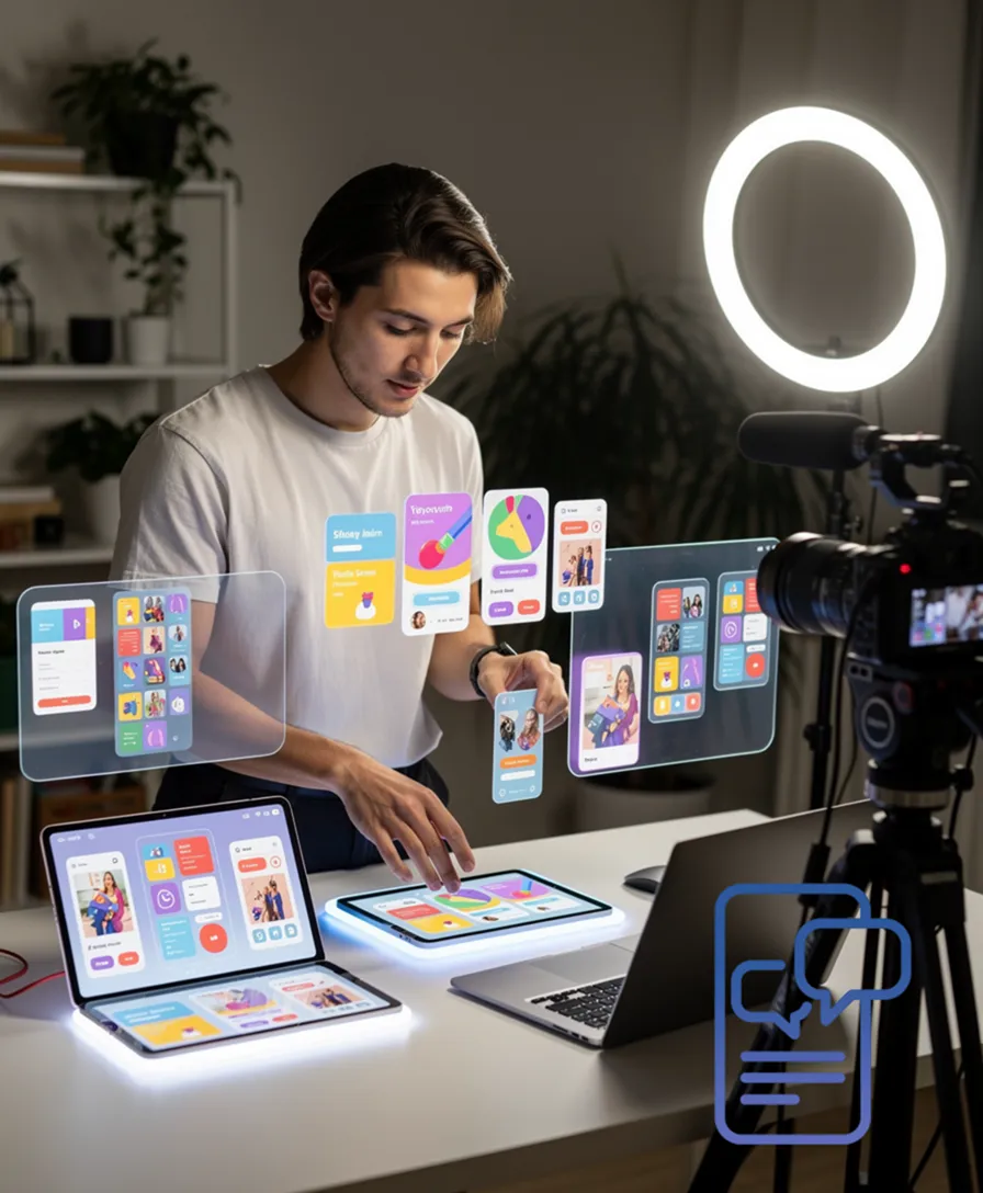 a hand placing graphic design pieces onto various glowing digital platforms.