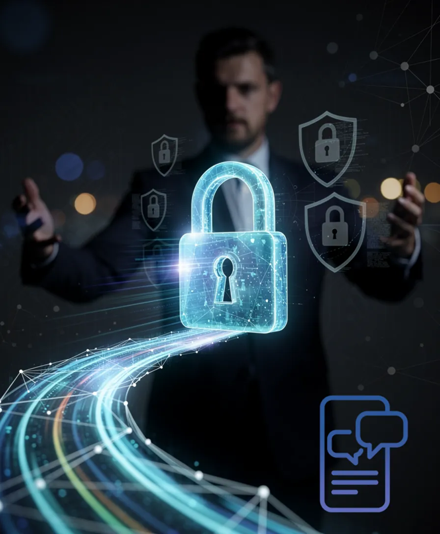 a secure lock icon accelerating along a glowing network path.