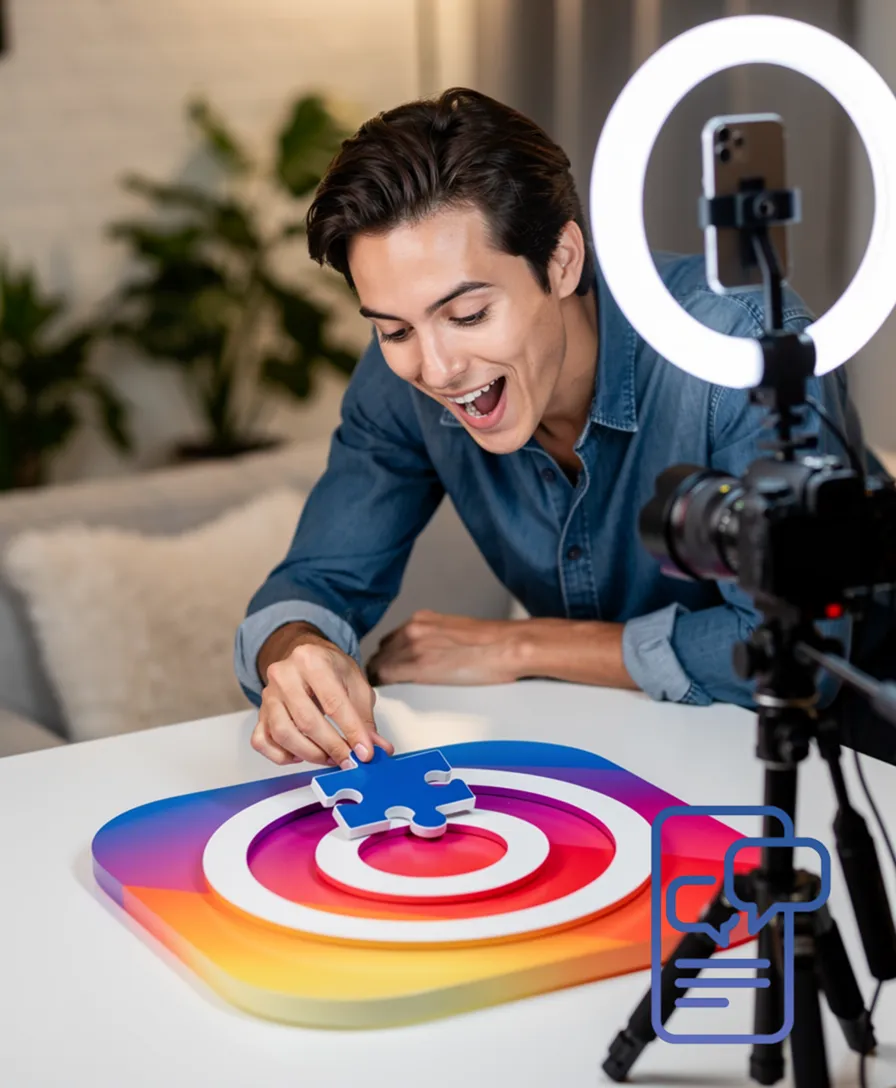 A hand placing a puzzle piece perfectly into a target-shaped social media app icon.