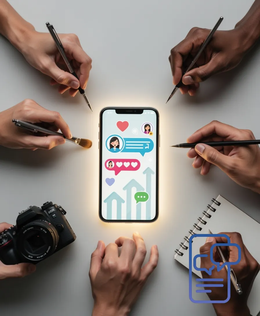 hands using various creative tools around a glowing smartphone.