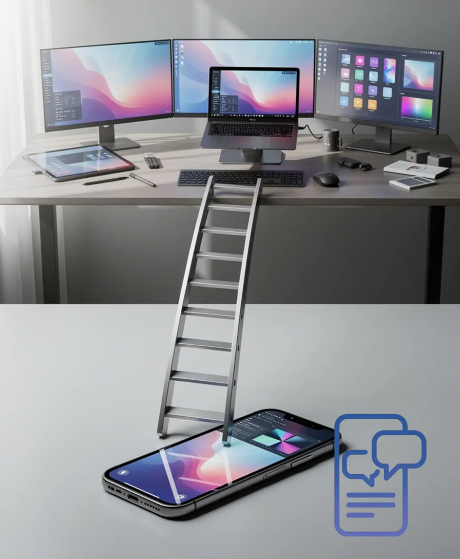 A ladder ascending from a simple phone to a complex multi- workstation.