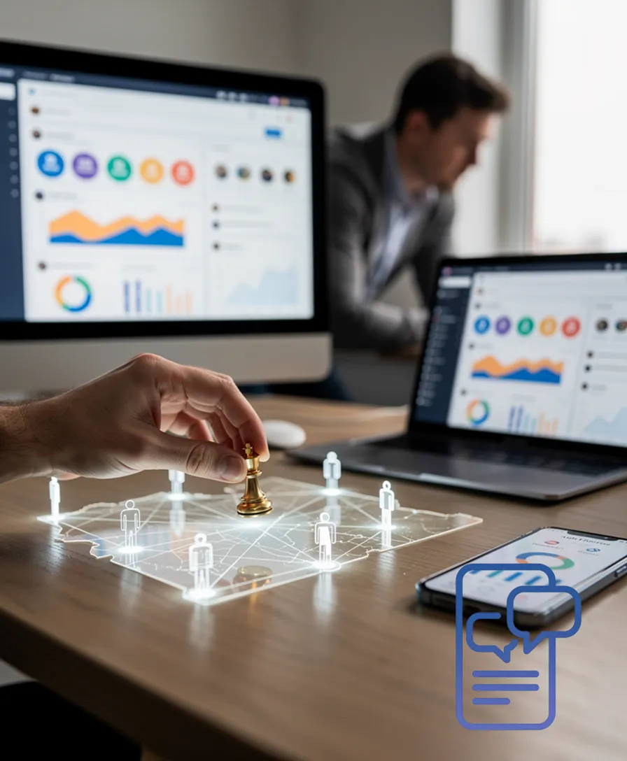 a hand placing a chess piece onto a glowing network of connected people.