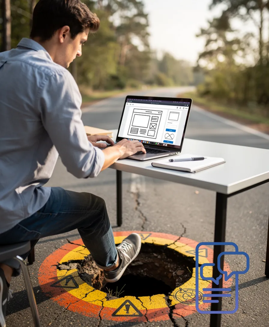 a person stepping over a pothole labeled 