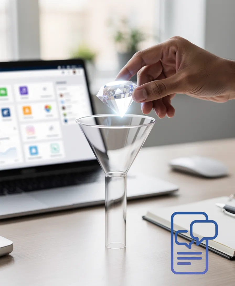 a hand placing a crystal data gem into a simple marketing funnel.