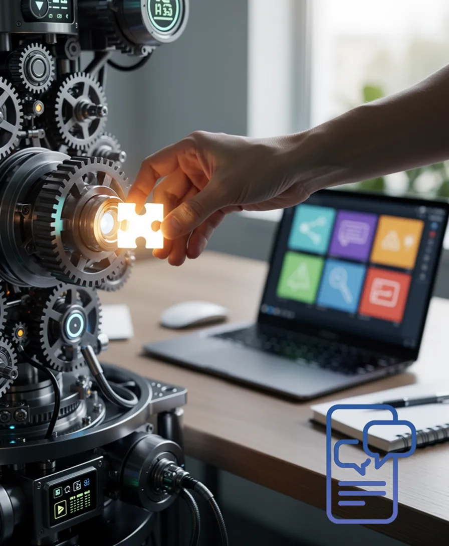 A hand placing a glowing puzzle piece into a complex, automated machine.