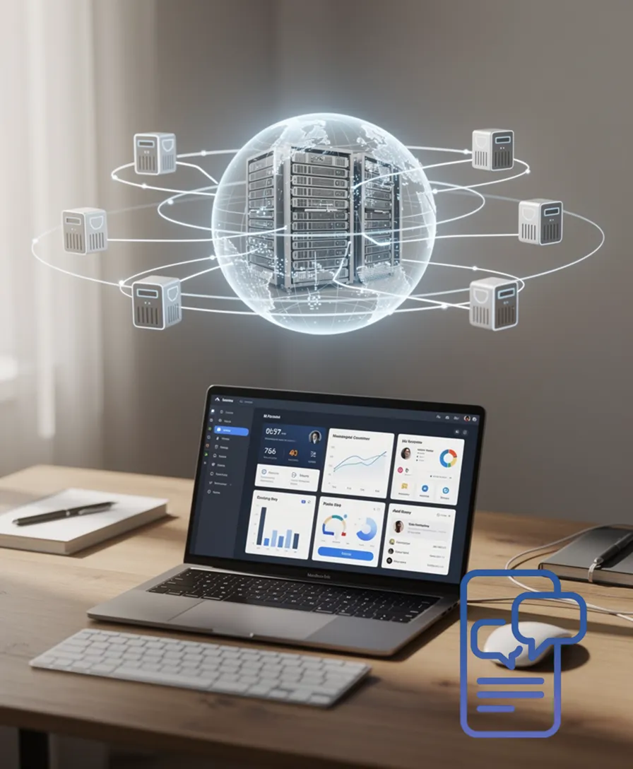 A glowing network core with distinct, interconnected server icons branching out.