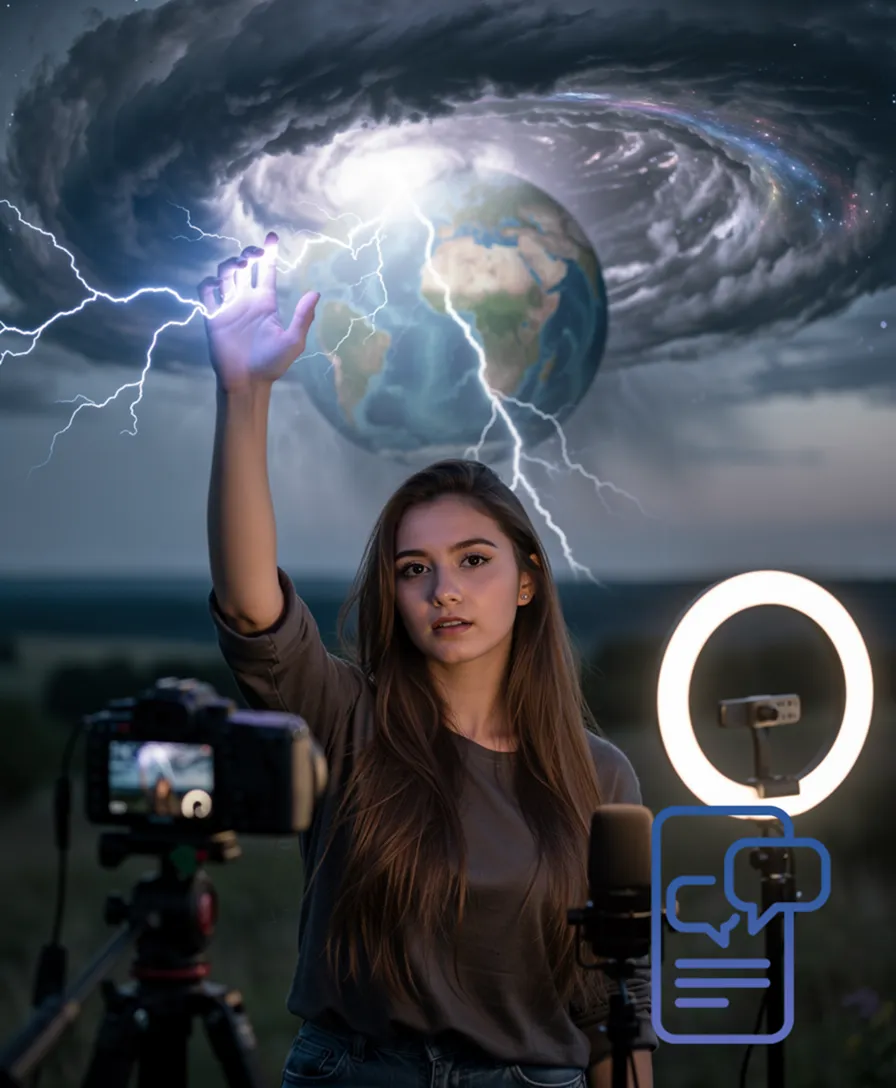 a woman controlling cosmic lightning over a transforming global storm.