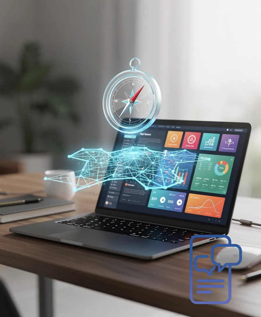 a compass overlaid on a glowing digital network map.