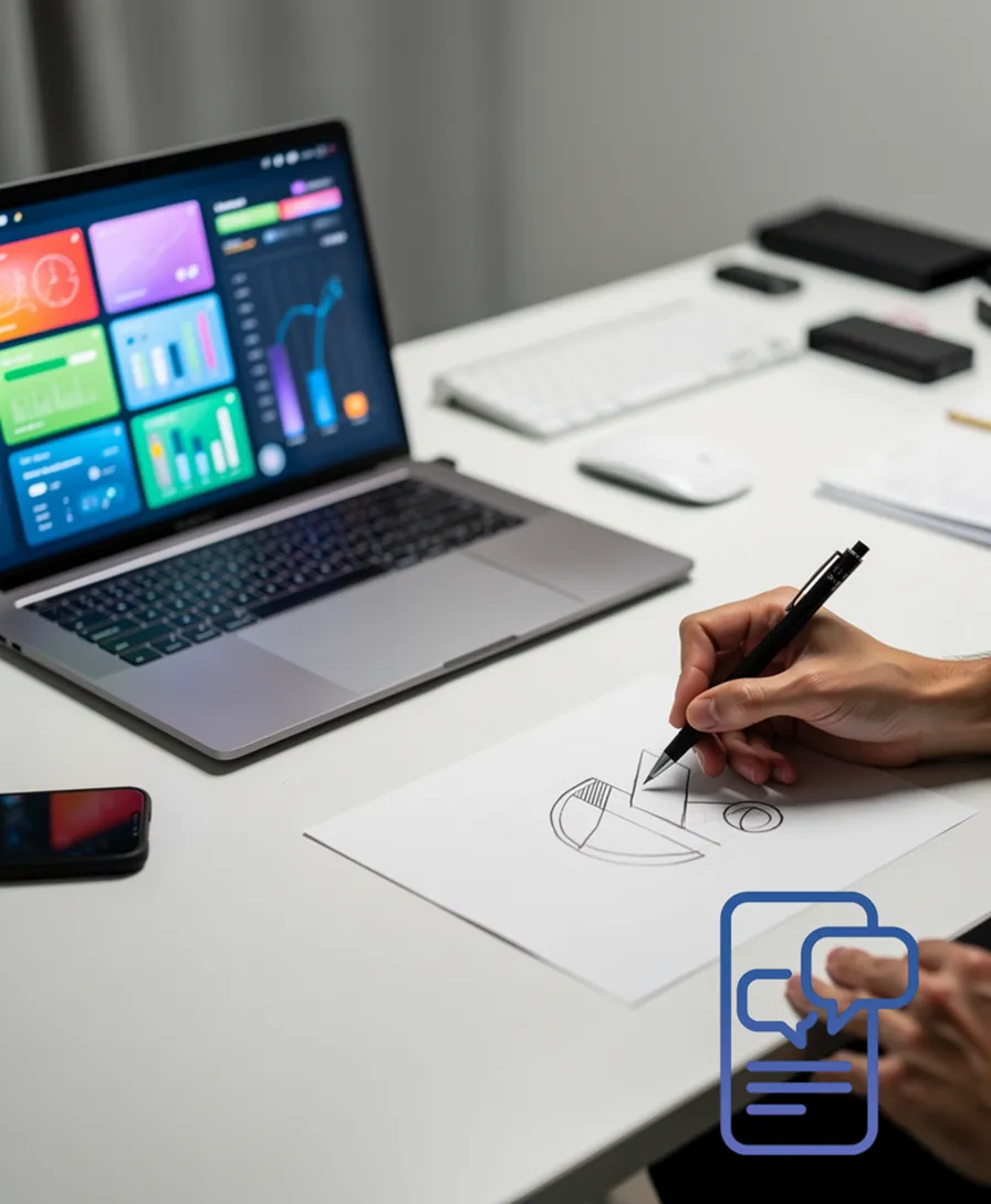 a hand sketching a graphic beside a glowing laptop .