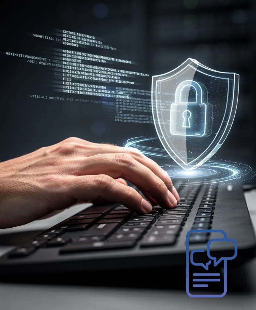 a hand typing on a keyboard, with glowing command lines floating in the air.