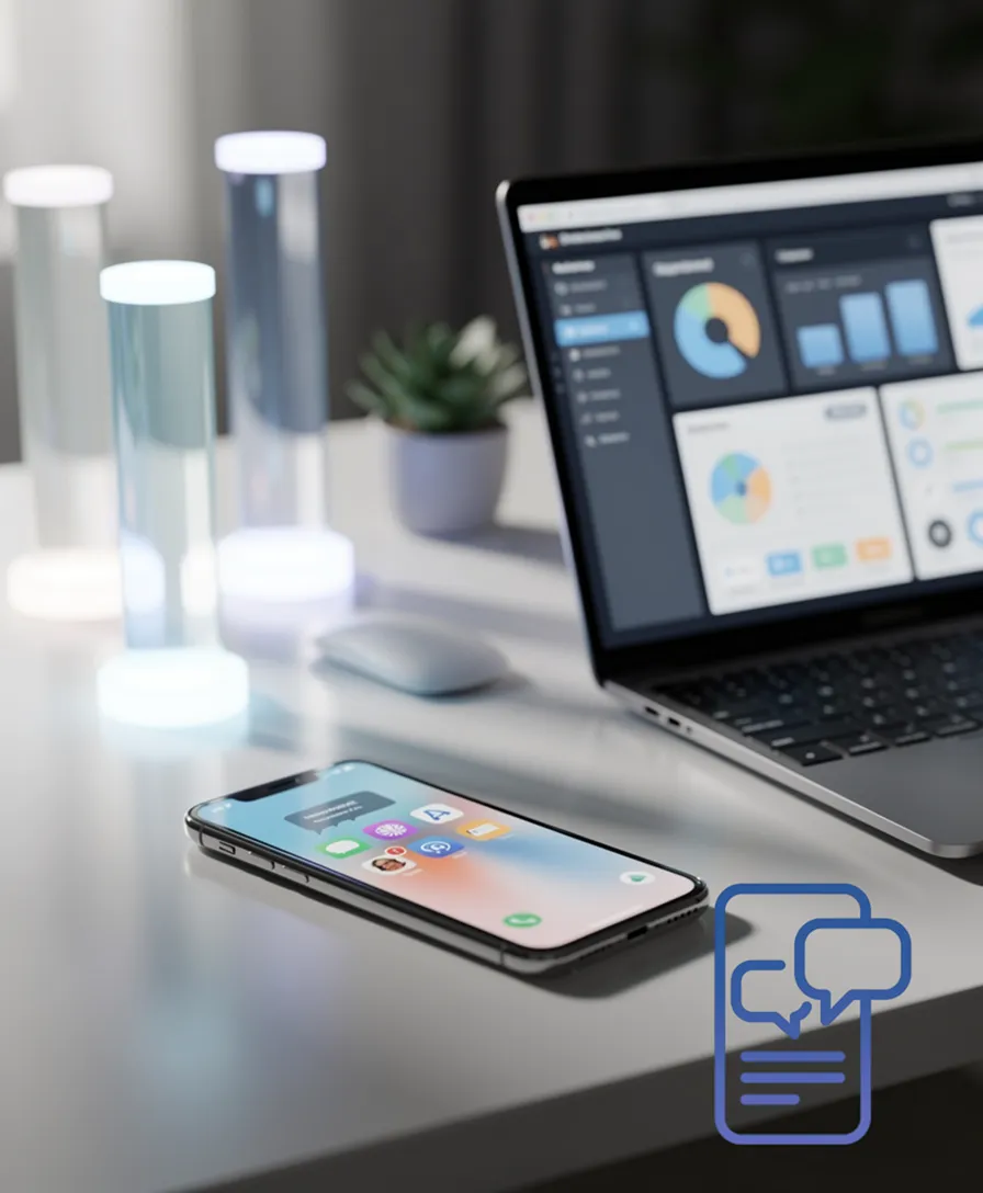 A smartphone displaying a messaging app next to glowing foundational pillars.